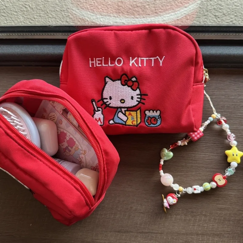 

Red Oxford Fabric Cute Hello Kitty Embroidered Makeup Bag Portable Large Capacity Organizer for Coins, Travel, and Small Items