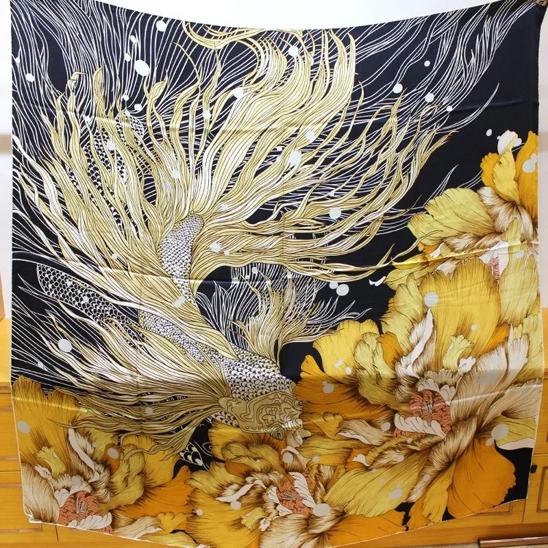 High-end Elegant Women's Fashion Flower Goldfish Print Quality Silk Delicate Hand-rolled Edge Versatile Large Square Scarf Shawl