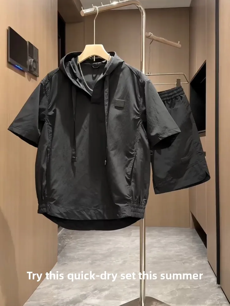 

Летний тонкий повседневный спортивный костюм Qui Dry с капюшоном Faionable Versatile ort Sve orts Комплект из двух предметов из полиэфирного волокна