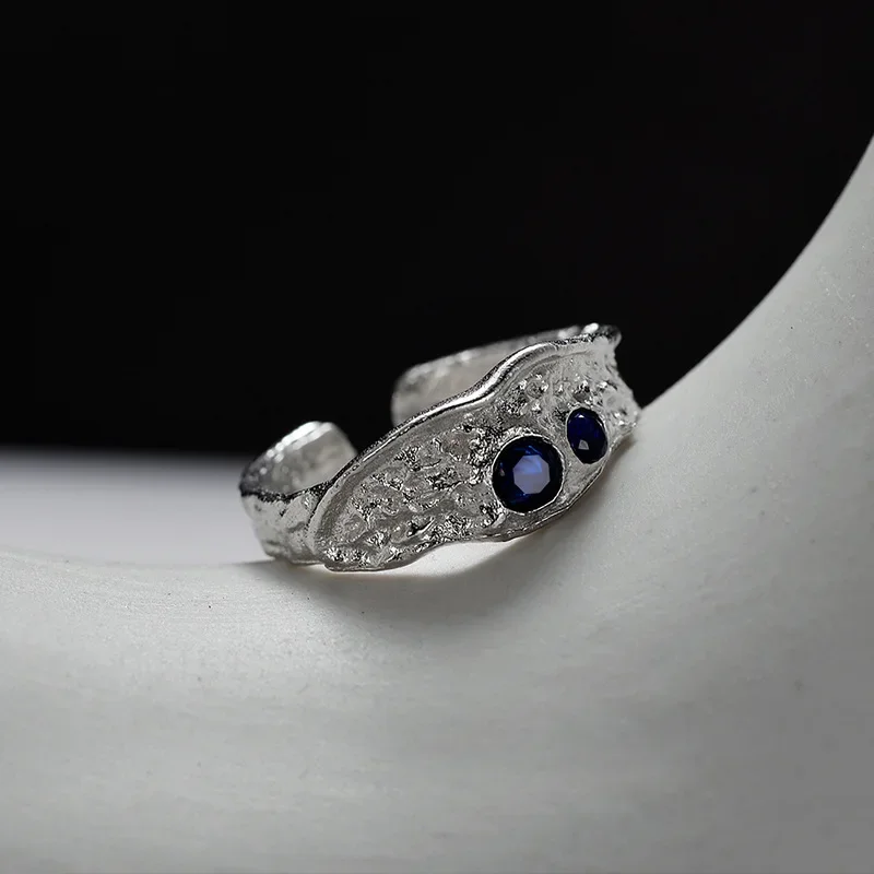 

Youth of Vigor Chunky Irregular Solid 925 Silver Ring Sapphire CZ Alien Pattern Party Open Rings R1218