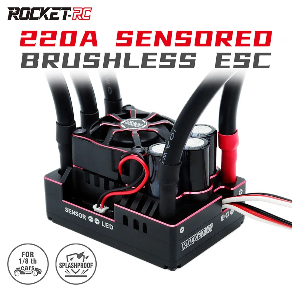 ROCKET-RC 220A Brushless ESC  2-4S Speed Controller 7.4V/6A BEC with Heatsink for 1/8 RC Car Off Road Buggy Replacement Pa
