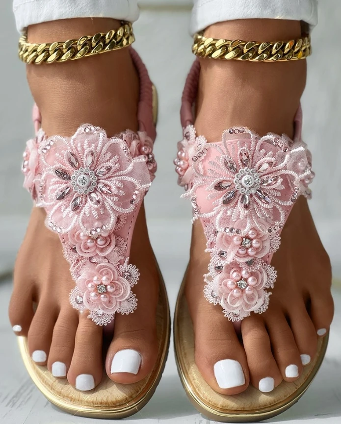 Rhinestone Floral Pattern Slingback Summer Beach Sandals