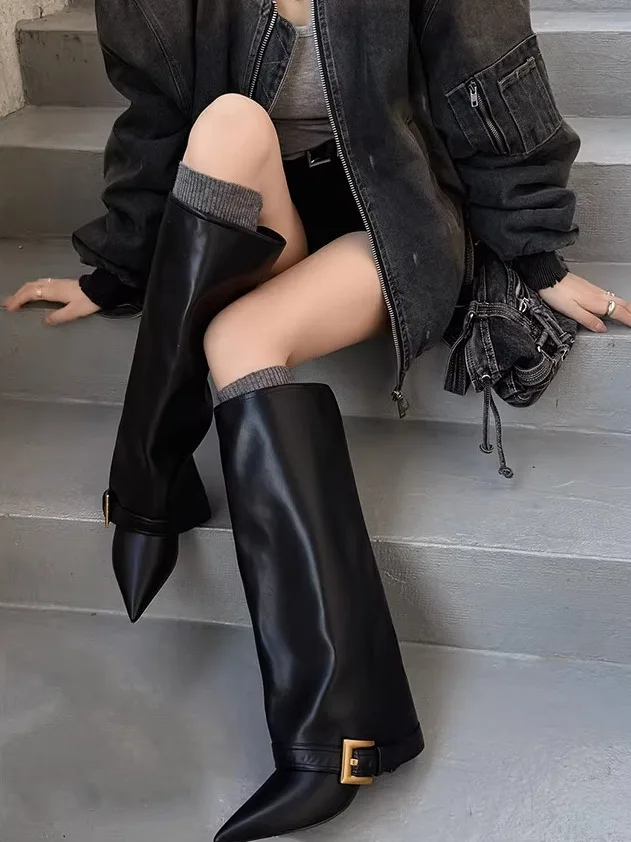 

Faionable High-Tube Women's Boots with Square Bule arp Point High Heel Non-Knee-Length Autumn New Sle Casual oes