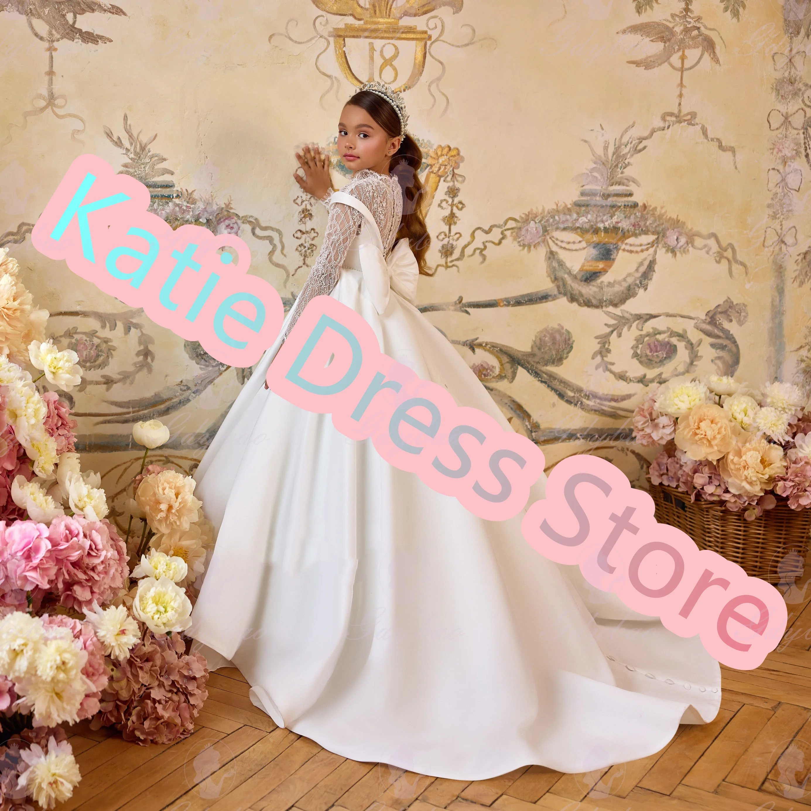 

White Satin Lace Flower Girl Dress For Wedding Puffy With Bow Princess Customized Kids Birthday Party First Communion Ball Gowns