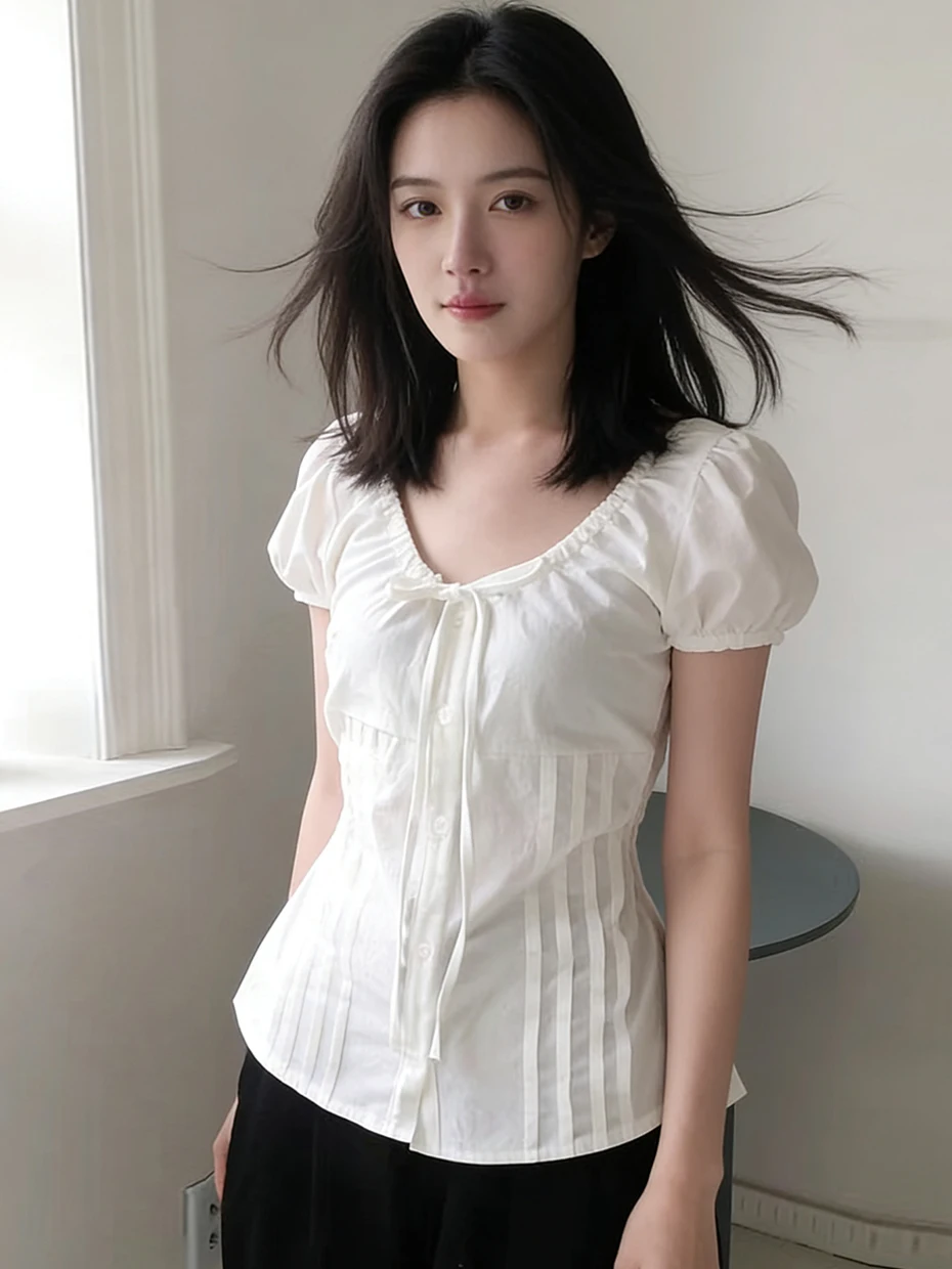 

Женская блузка с рукавами-фонариками в милом стиле, с поясом, укороченная, для офиса, модная, в корейском стиле, из полиэстера, с круглым вырезом