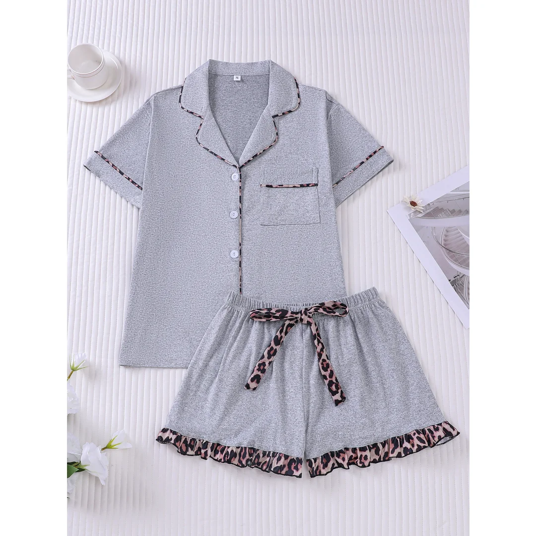 

Women's Pajamas with Leopard Print Grey Lapel Short Sleeve Shorts Loungewear Home Wear Set Clothes Valentine's Day Gifts