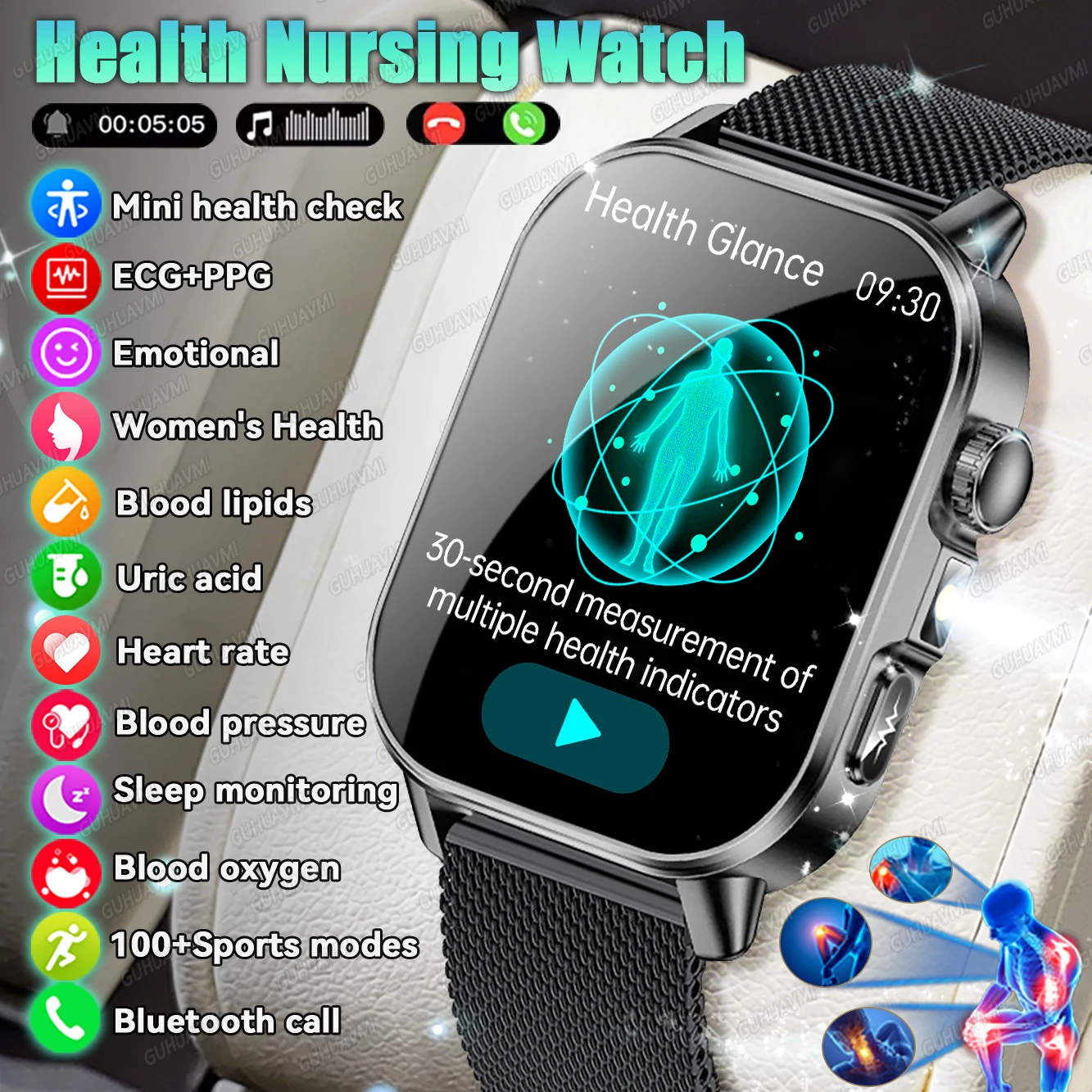 

2026New Accurate Blood Pressure Health SmartWatch Uric Acid ECG Heart Rate Blood Oxygen Bluetooth call LED Flashlight Smartwatch