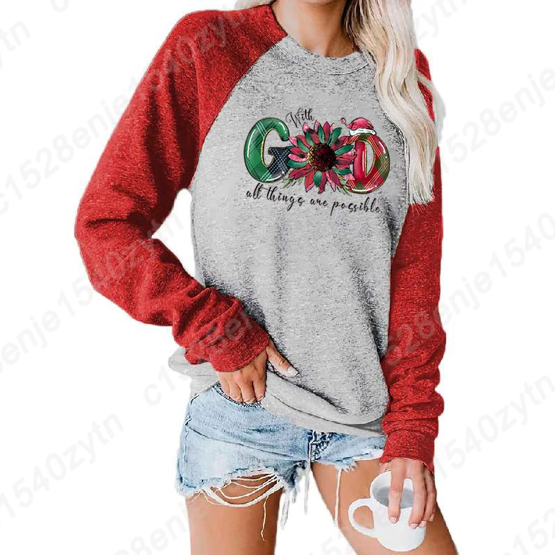 Autunno inverno abbigliamento natale con dio tutte le cose sono disponibili felpa con stampa t-shirt a maniche lunghe da donna girocollo Pullover