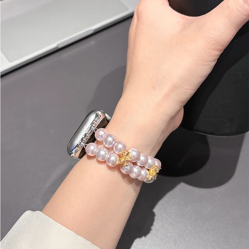 

Pearl Bracelet Strap for Apple Watch 44mm 42 40 38mm Beaded Leisure Band for Apple Watch Series 6 5 4 3 Band Women