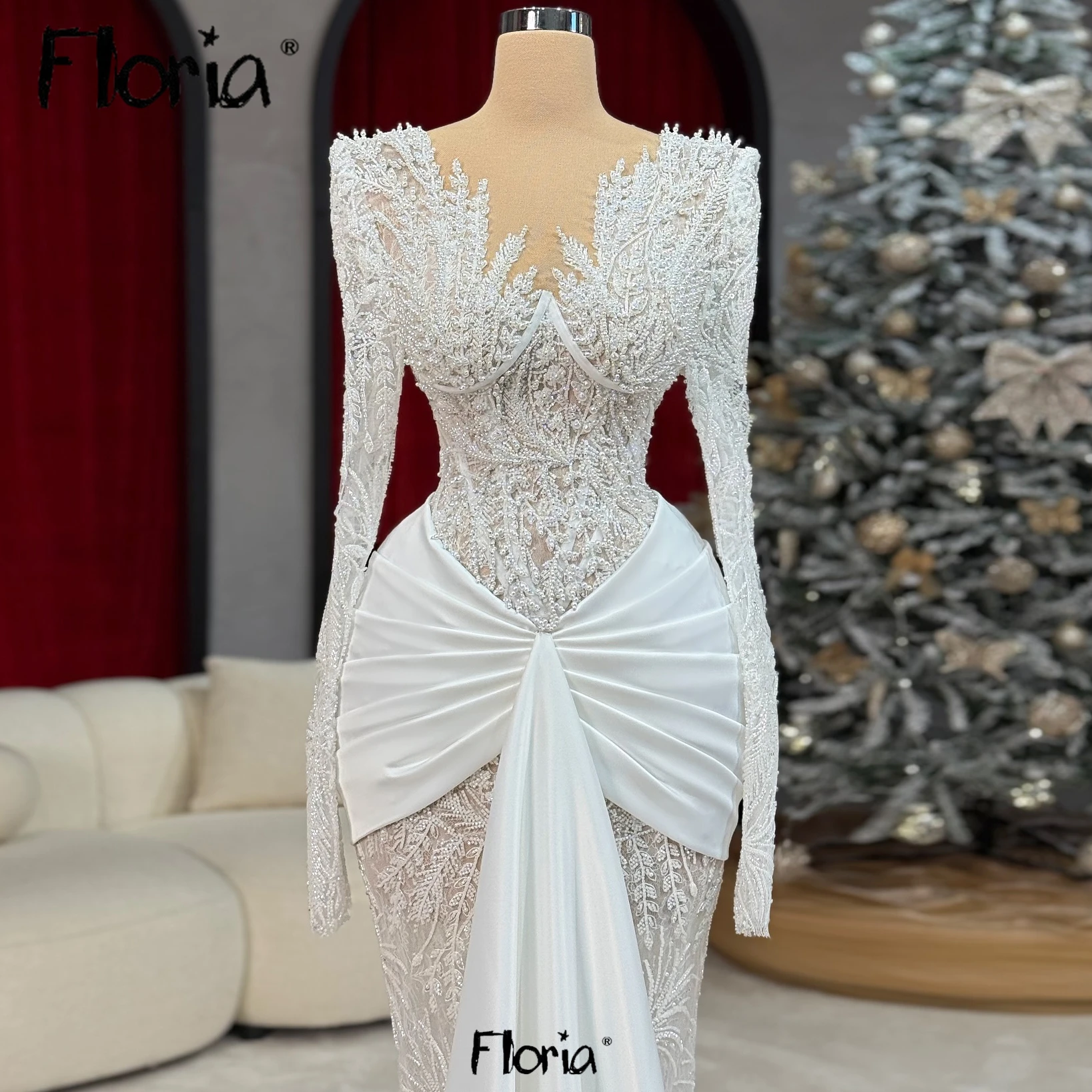 Branco profundo decote em v vestido de noite muçulmano aravic sereia casamento segunda recepção vestidos personalizados rendas apliques vestido de noiva