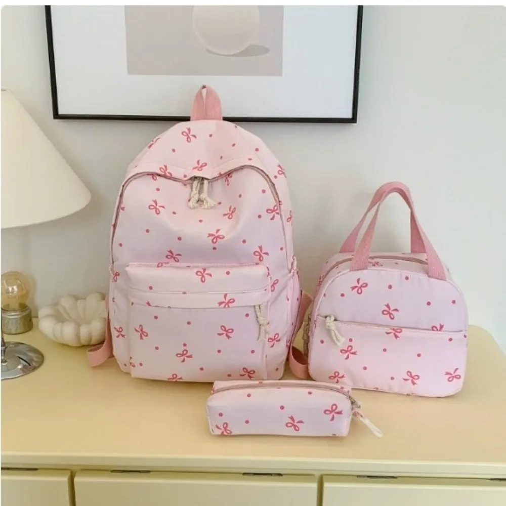 Daypack Three-piece School Bag Set Large Capacity Handbag Nylon Bow Backpack with Pen Bag Scratch Prevention Students School Bag