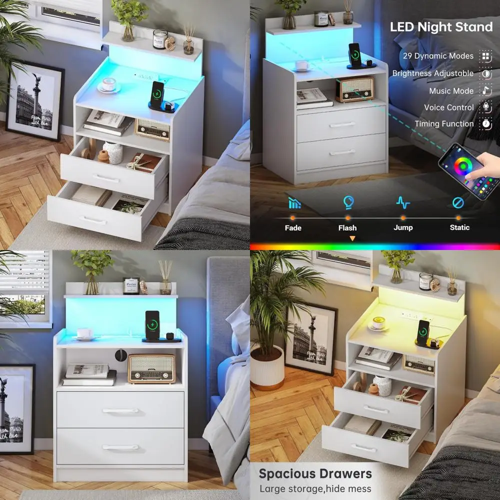 contemporary wood nightstand with charging port, led lighting, drawers, and storage shelf