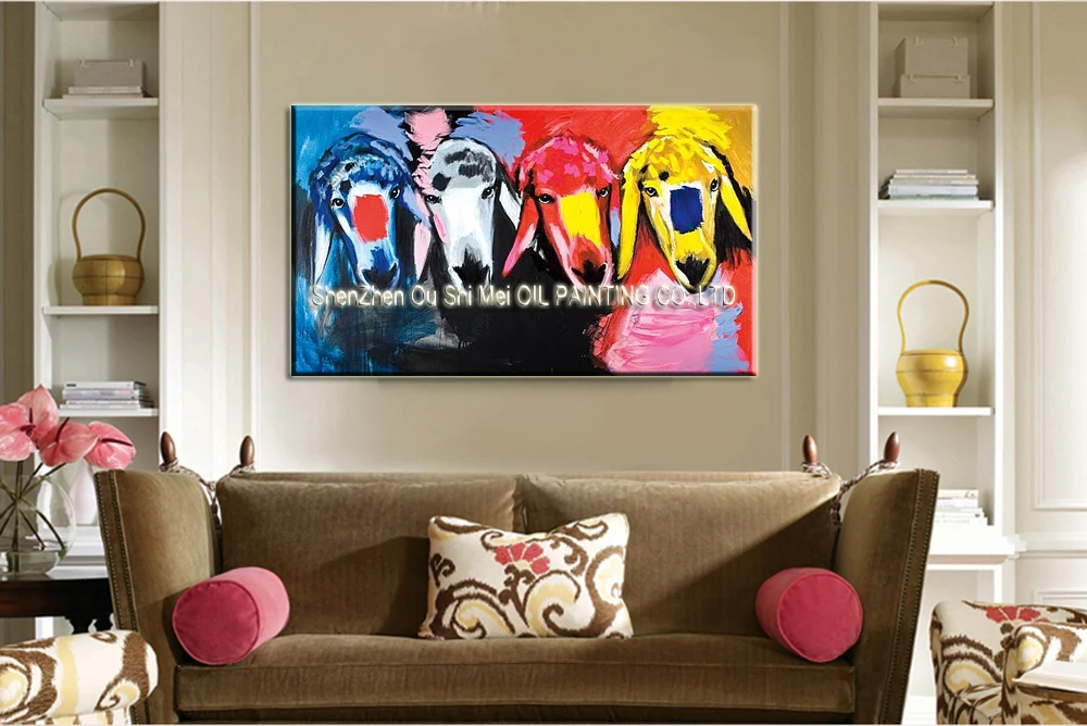 Handmade Menashe Kadishman Oil Painting on Canvas Modern Sheep Animal Painting for Room Decor Four Sheep's Heads Wall Picture