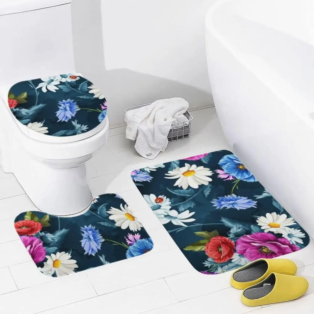 

Bath Mat Rug Set 3 Pieces Chamomile Cornflowers Ladybug Vintage Non Slip Bathroom Combination Including U-Shaped Contour
