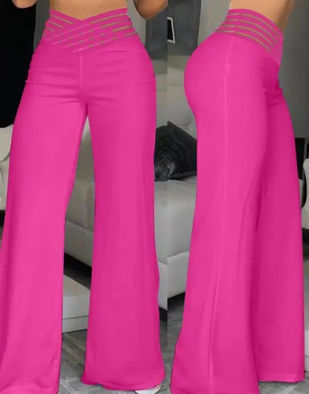 2026women's New Trend High Quality Temperament Elegant Solid Color Hollow Belt High Waist Straight Loose Trousers Wide Leg Pants