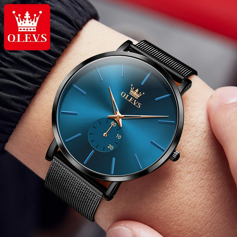 OLEVS orologi da uomo minimalismo orologio da polso al quarzo originale ultrasottile impermeabile luminoso indipendente cinturino in rete con quadrante di seconda mano