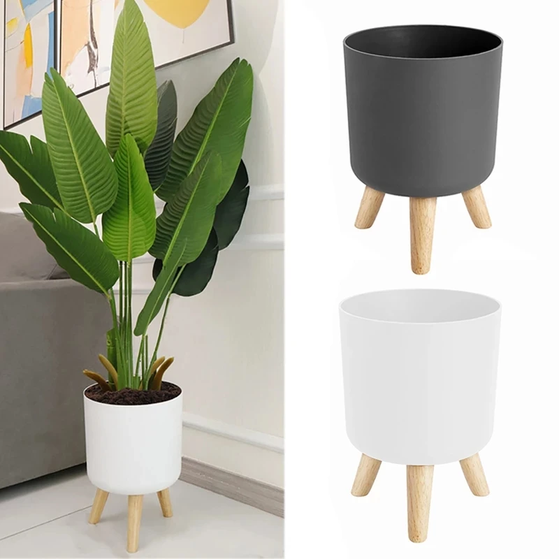 Modern Plant Pots with Wooden Legs Holder Bedroom Living Room Floor Standing Potted Flower Pot Home Garden Planters -B