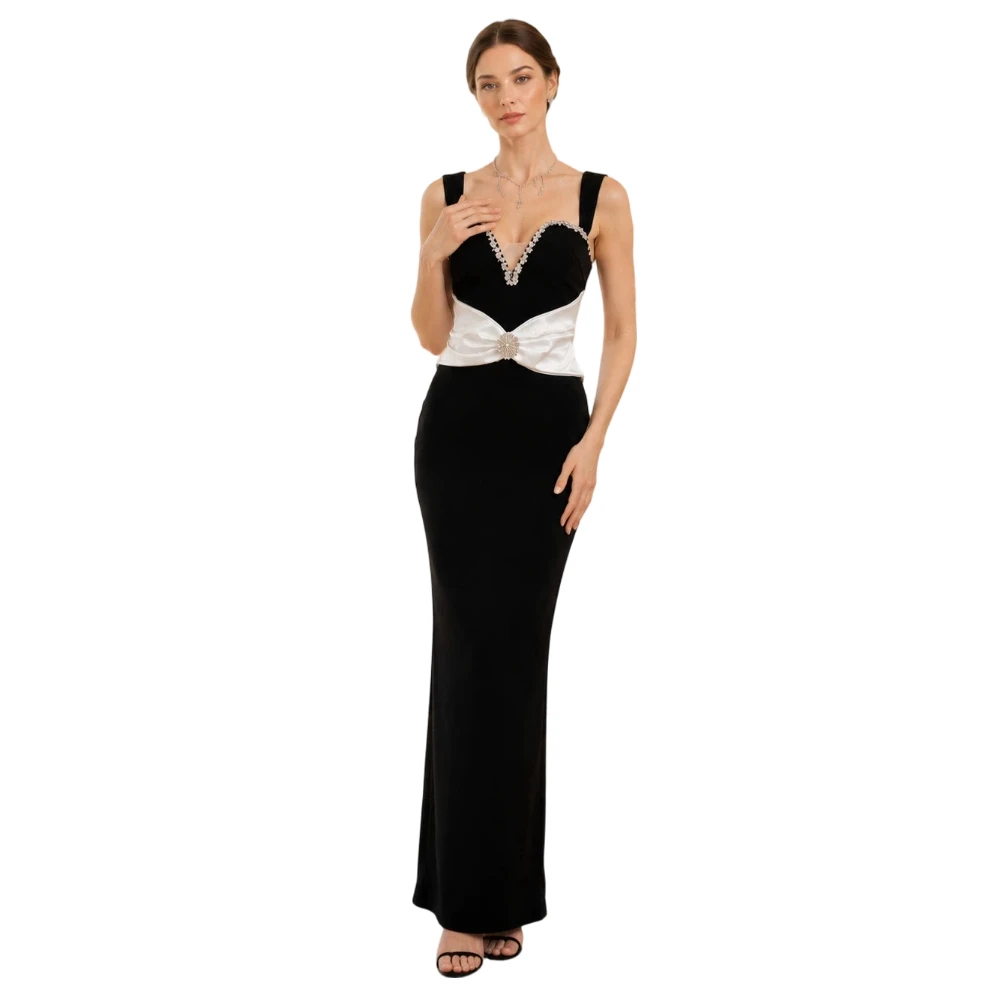 

Elegant Luxurious Rhinestone Bodycon Dress Sexy Black White Contrast Mermaid Gown Long Formal Prom Dinner Party Dresses