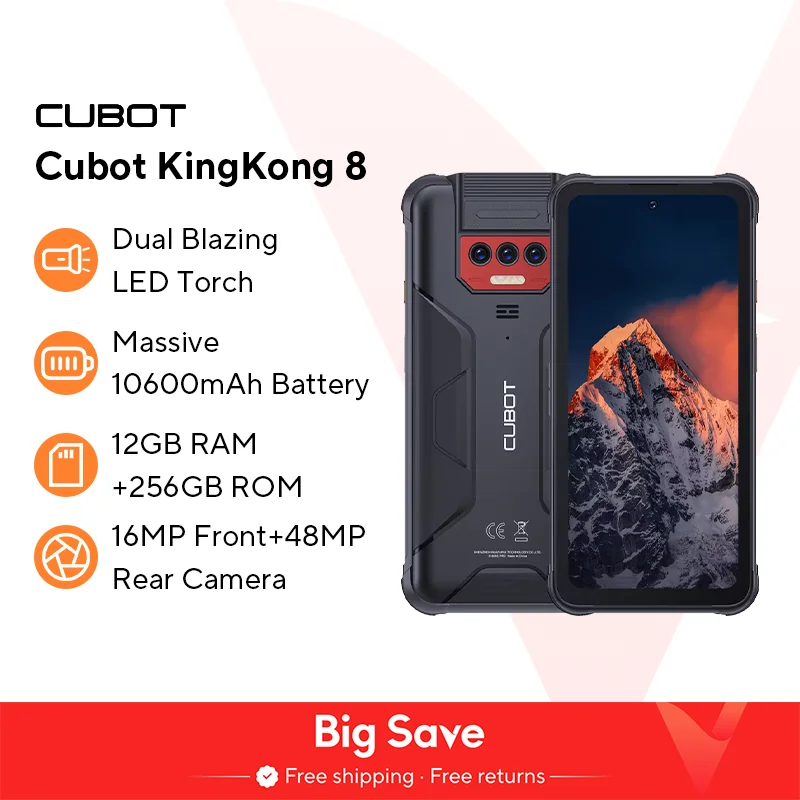 Cubot KingKong 8, Waterproof Rugged Smartphone Android 13, 12GB RAM(6GB+6GB), 256GB ROM, 10600mAh, NFC, Octa-core, 4G Phone, OTG