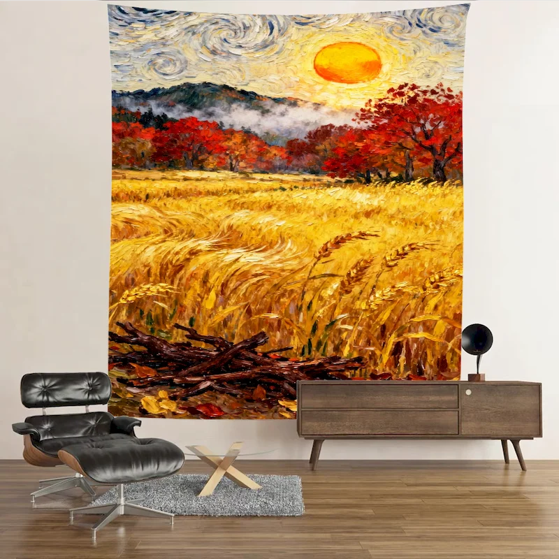 VIKAMA Autumn Wheat Field Red Maple Sun Oil Painting Tapestry, Retro Natural Wall Hanging Home Wall Decoration