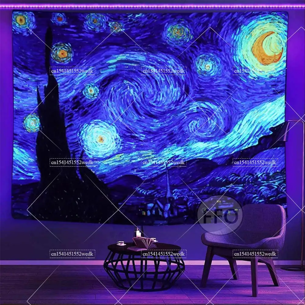 Blacklight Tapestry Starry Night Van Gogh Wall Art Decor Glow In The Dark Oil Painting Fluorescent Tapestry Uv Reactive Poster