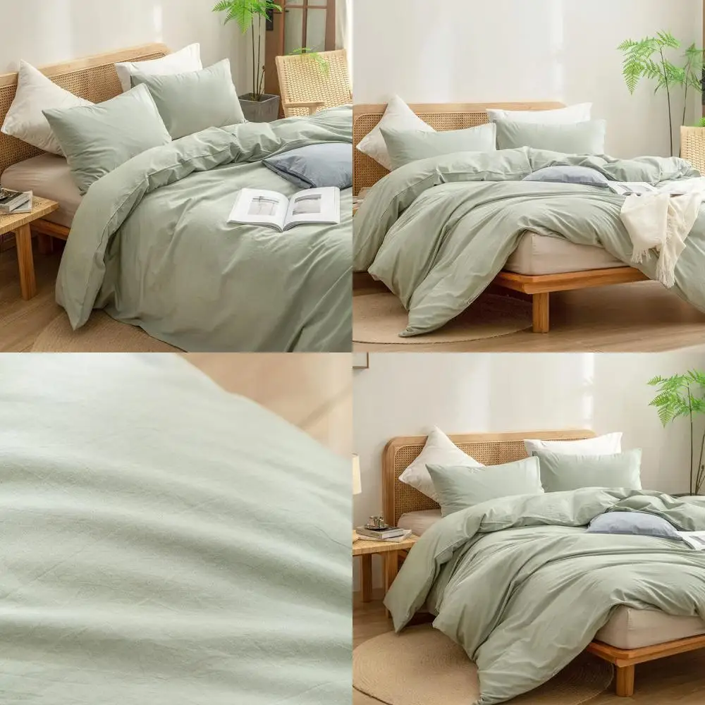 

Duvet Cover Set 100% Washed Cotton Linen Feel Super Soft Comfortable Chic Lightweight 2 PCs Home Bedding Set Solid Sage Green Tw
