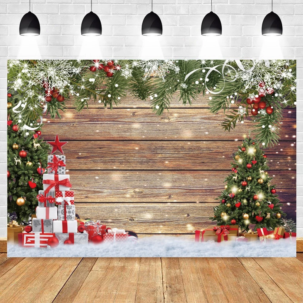 Christmas Wooden Board Backdrop Xmas Tree Gift Snowflake Retro Wood Wall Indoor Photo Background Baby Portrait Photography Props