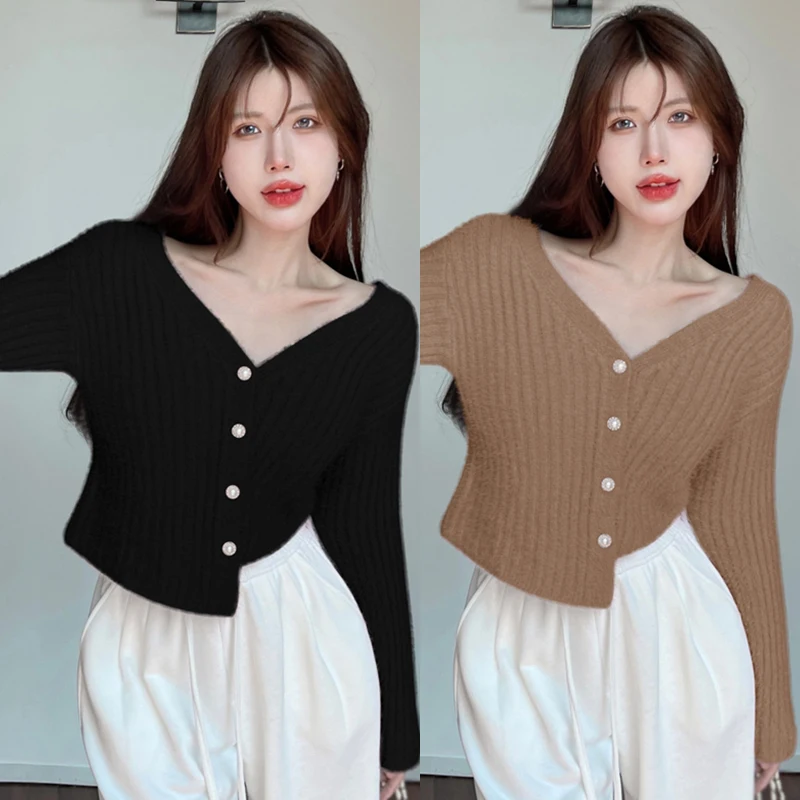 Autumn Winter Elegant Imitation Mink Pearl Buckle Sweater Women\'s Design Sense Short Knitted Cardigan Slim-Fit Warm Top