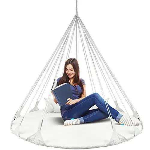 Double Round Hanging Swing Saucer Style Hammock Bed Featuring A Circular Frame And Support Pillow