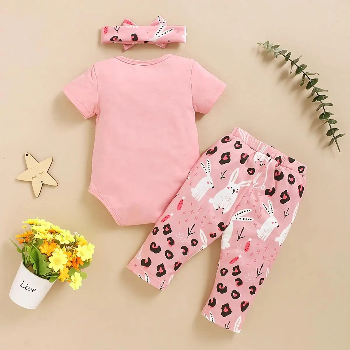 Newborn Baby Girls Romper Set Lovely Rabbit Print Romper+Pants with Bow Knot 3PCS Baby Girl Outfit Suit Summer Casual Outfit