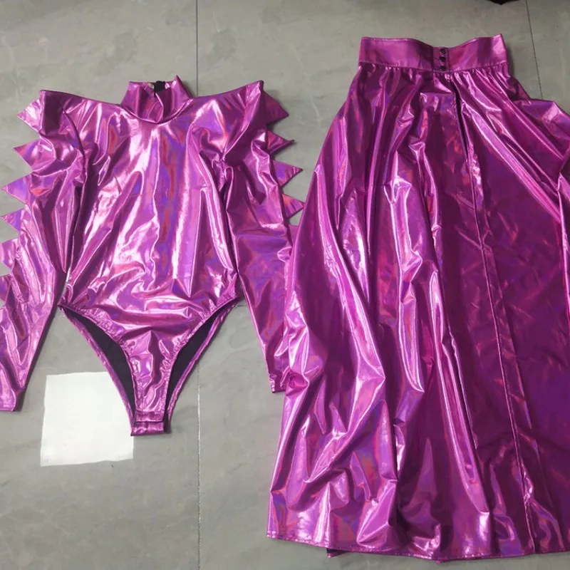 Body Sexy morado con hombros descubiertos para mujer, falda, ropa de escenario, club nocturno, Cosplay, traje de baile, disfraz de Drag Queen