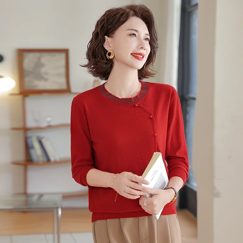 

New Chinese Sle Knitted Sweater Thin Faionable Mid-aged And ly Spring Autumn Red Top Women's Loose Fit Regular Sve