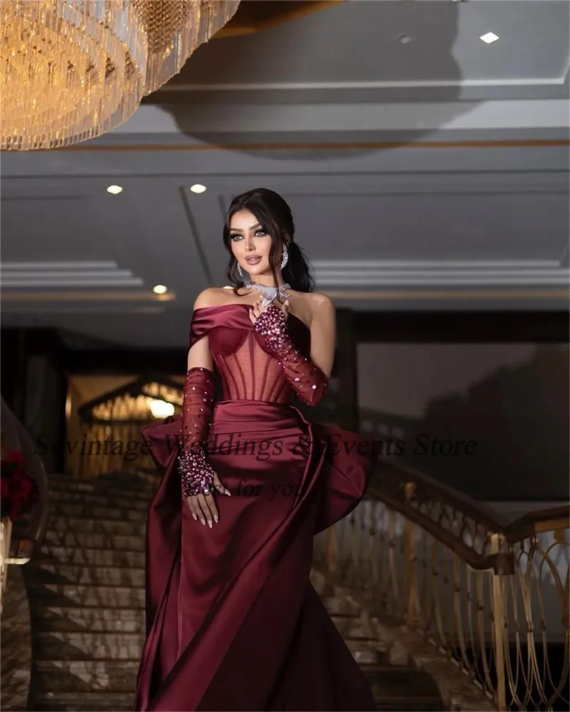 Sevintage Noble Burgundy Saudi Arabic Mermaid Evening Dresses Crystal Bow Formal Women Prom Gowns Special Occasion Dresses 2023