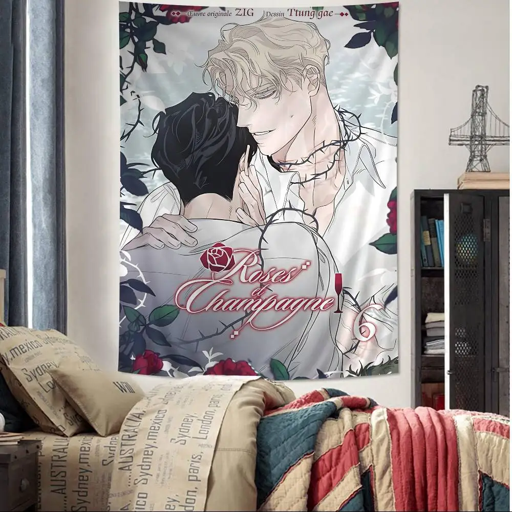Korean Manhua Roses And Champagne Cartoon Tapestry Wall Hanging Decoration Household Home Decor