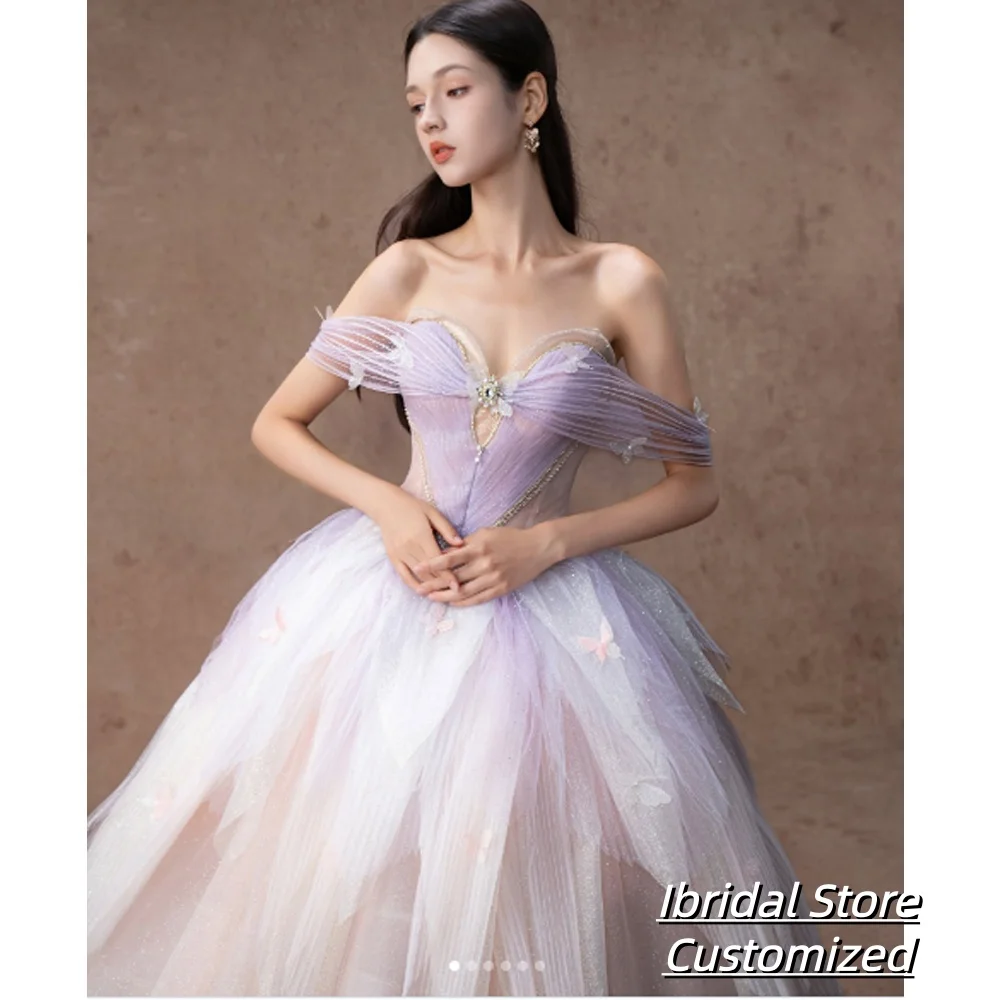 ชุดราตรีหรูหราประดับลูกปัดวิบวับสำหรับงานพรอม แบบเปิดไหล่ สีตัดกัน ทรงเอไลน์ ชุดออกงานกลางคืนแบบทางการ สั่งตัดได้ ถ่ายรูปสไตล์เกาหลี