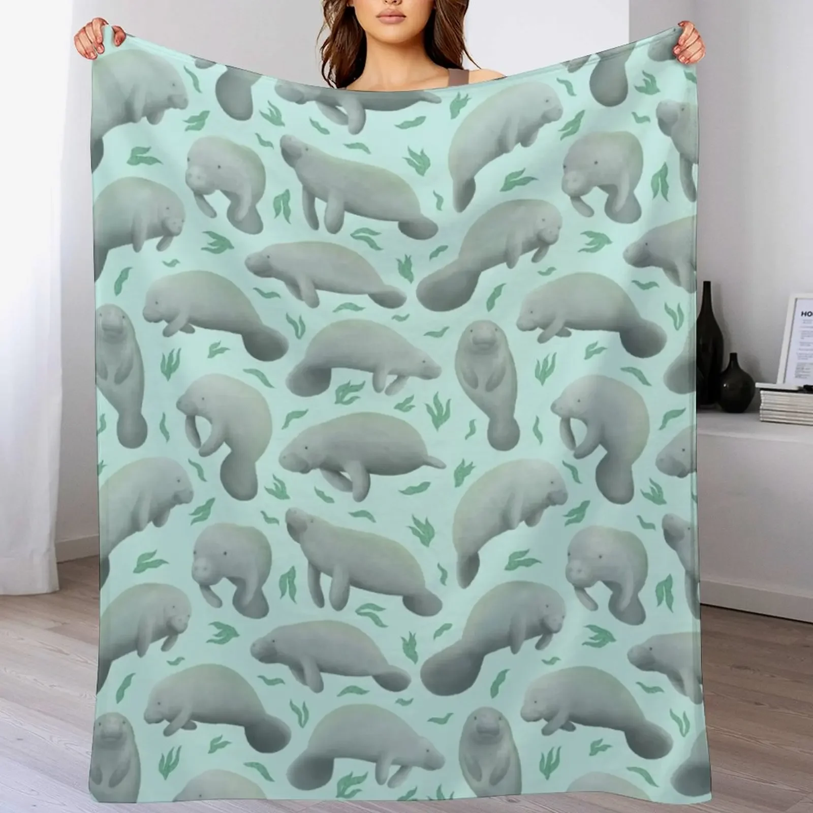 manatees (blue) Throw Blanket warm winter Nap Multi-Purpose Summer Beddings Blankets