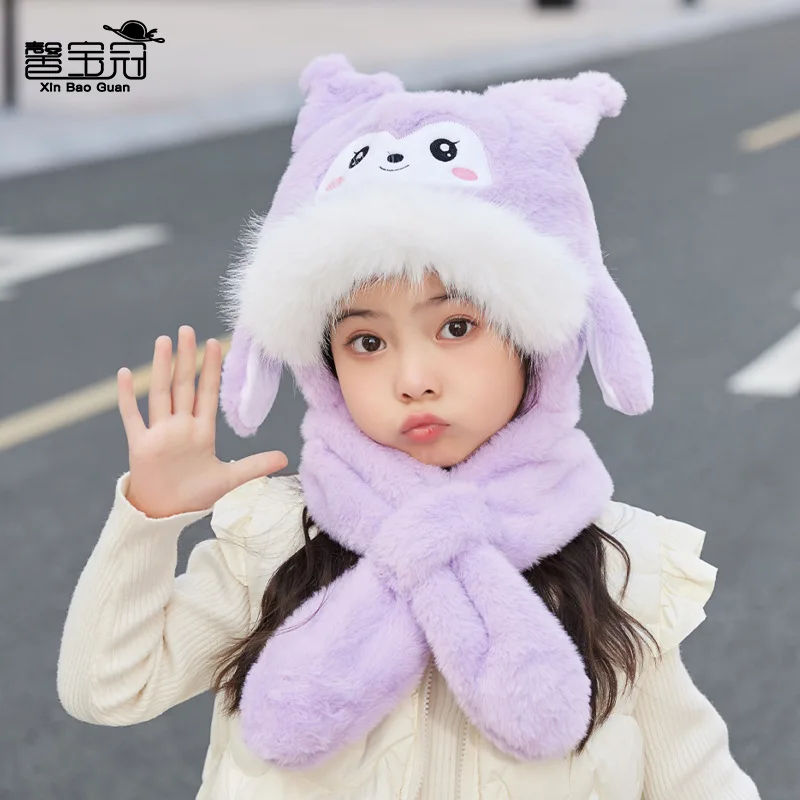 Sanrios Child Hat Ear Able To Move Cute Scarf One-Piece Cap Winter Kuromi Kawaii Cartoon Outdoor Keep Warm Tab Pullover Hat