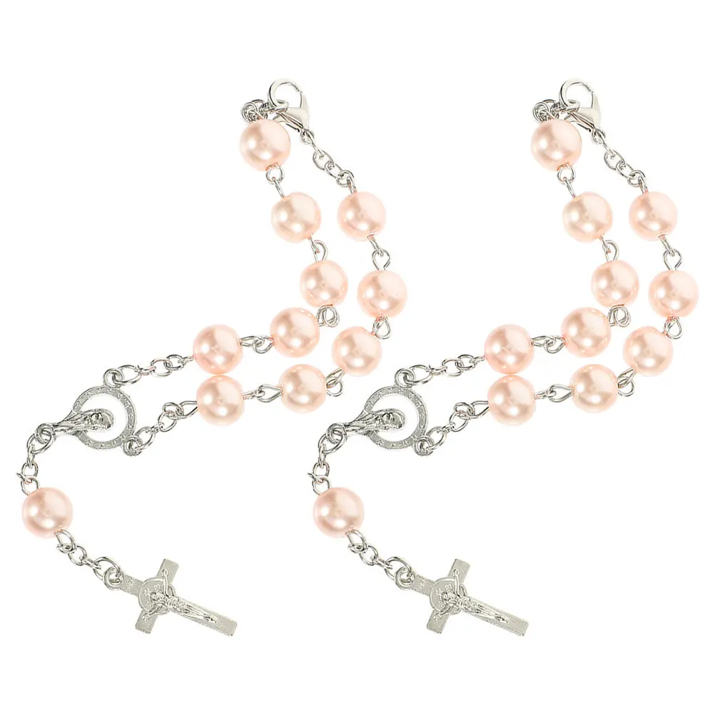 

2Pcs Car Rosary for Rearview Mirror Red Catholic Beads Cross Pendant Auto Hanging Accessories Spiritual Car Decor for Women Men