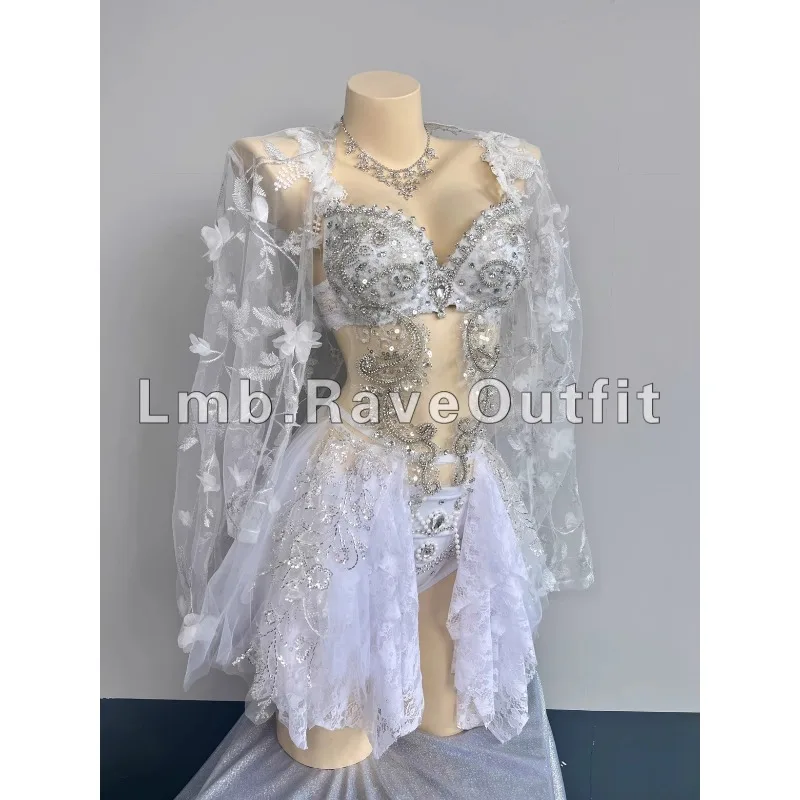 

Customized Electric Syllable Girl Group Gogo Singer Performance Costume Bar Bounce Di Stage Clothes White Bra Bikini