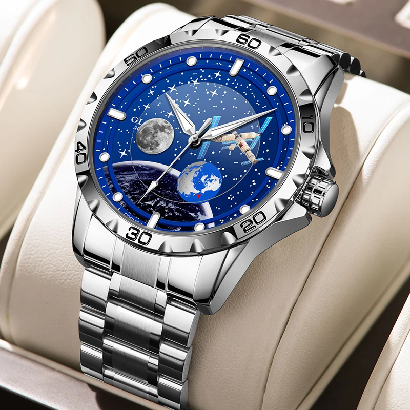 GLENAW New Men's Automatic Watches Skeleton Starry Sky Moon Phase Luminous Waterproof Stainless Steel Mechanical Watch for Men