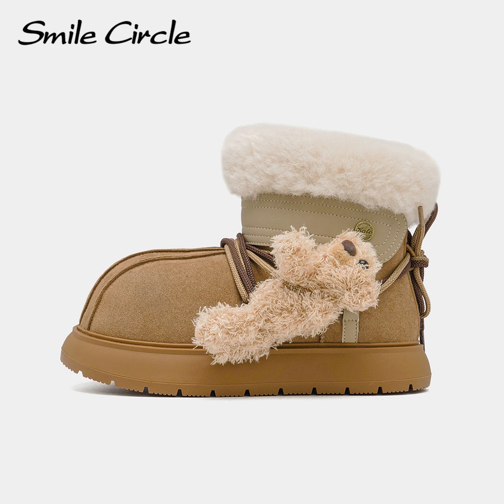 Smile Circle Women Snow Boots Suede Leather Warm Strap on Bear platform Boots Winter Casual Boots