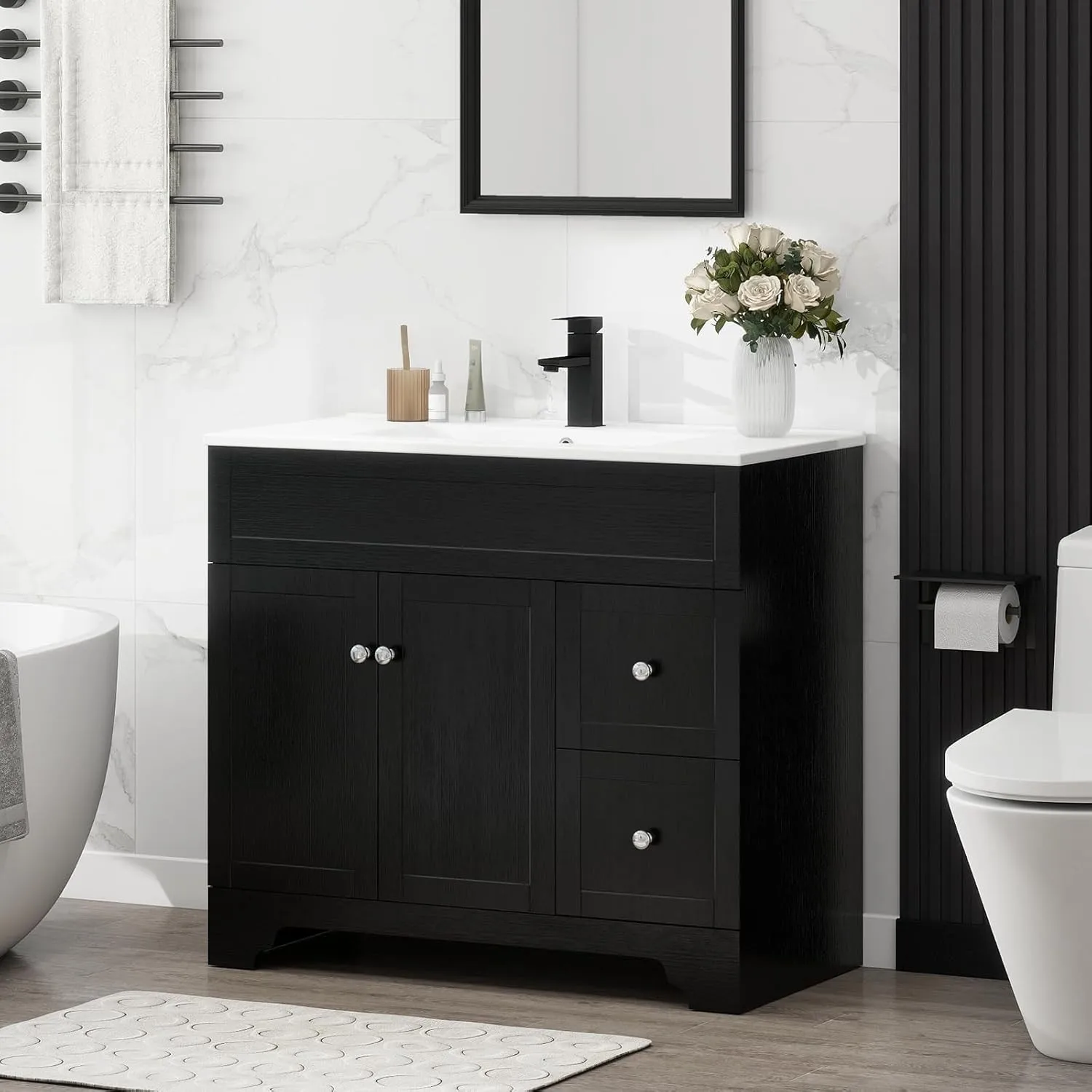 

Тумба для ванной 36 дюймов с керамической раковиной, 2 ящиками и дверцами с плавным закрыванием