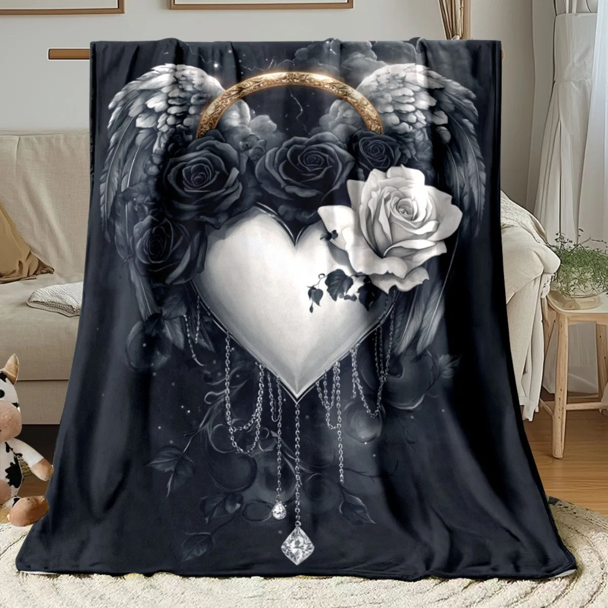 Gothic Floral Heart Flannel Throw Blanket, Black Rose with Wings Design,Soft Dark Aesthetic Blanket for Sofa Bed,Home Decor Gift