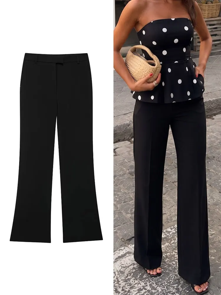 HH Womens Fashion Mid Rise Summer Beach Vacation Flared Suit Pants Zipper Pocket Casual Party Elegant Festival Black Trousers