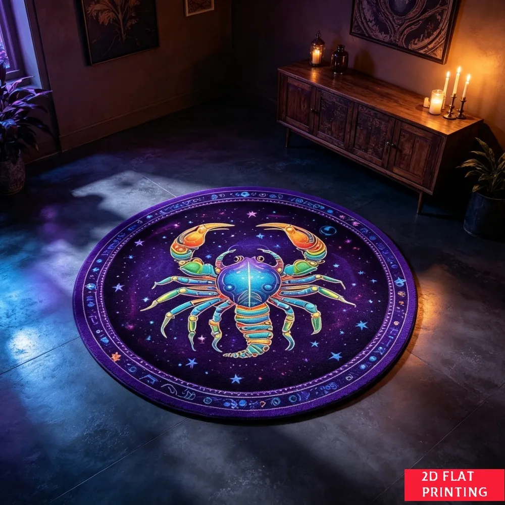 Neon Scorpion Zodiac Round Area Rug, Purple Galaxy Constellation Printed Circle Carpet, Non-Slip Floor Mat For Mystical Room