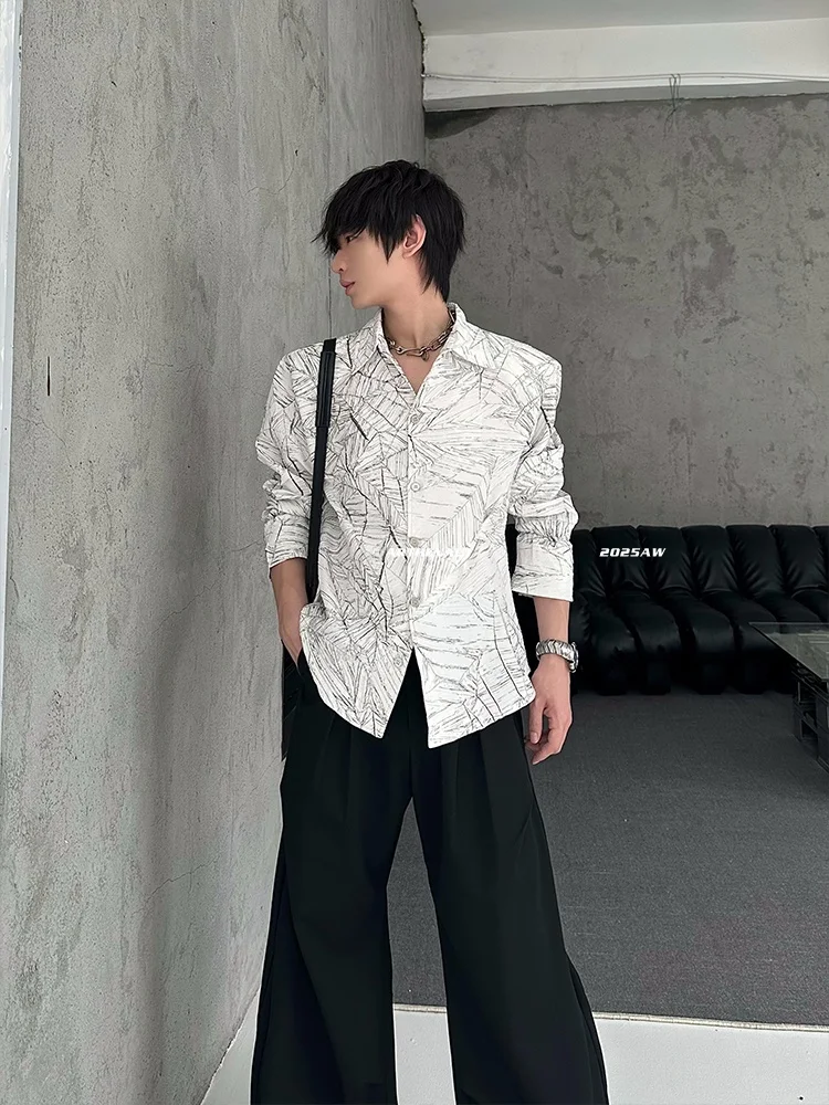 MARTHENAUT Textured Short Men's Shirt Shoulder Pads Waist Cinching Drawstring Elegant Style Polyester Nylon Blend Autumn Shirt