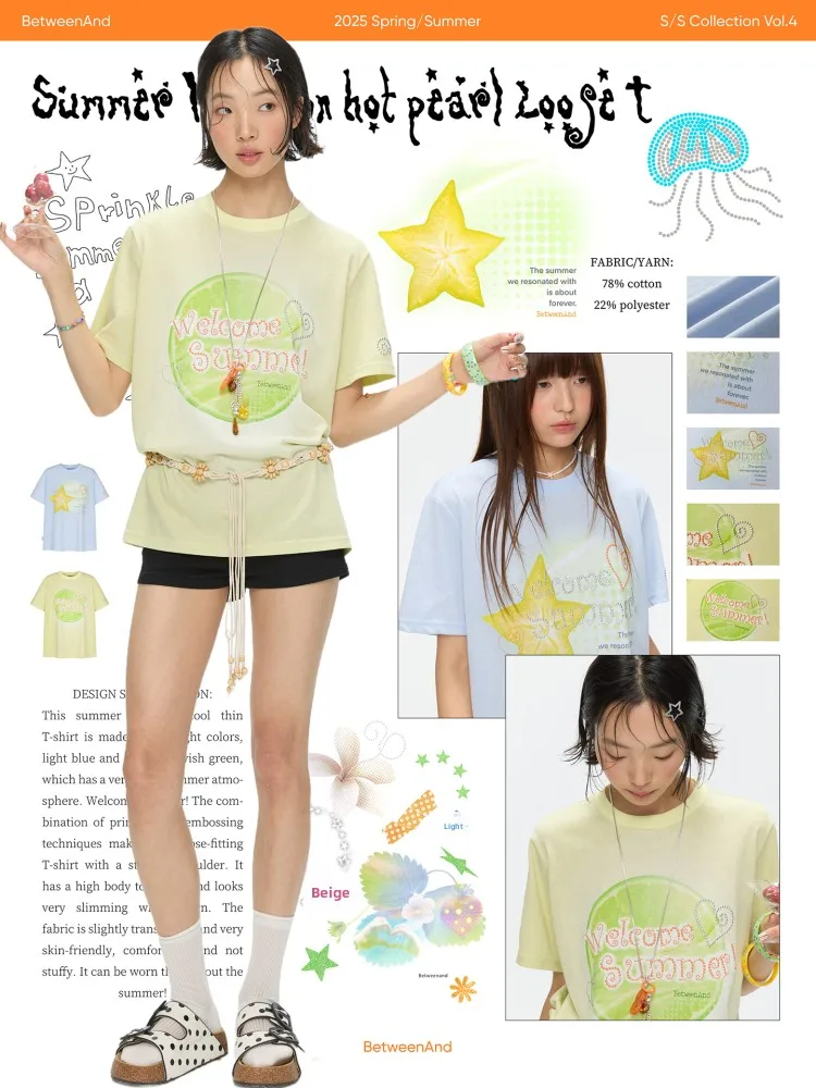 BENAND Summer Invasion Dual Color Fruit Short Sleeve Casual Loose Fit Printed T-Shirt Women's Loose round Neck Cotton Polyest...