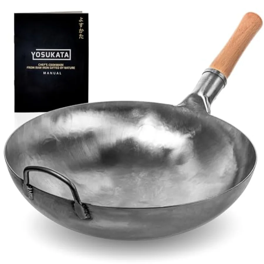 Wok de Acero al Carbono de Fondo Redondo de 14 Pulgadas para Saltear, Asar, Camping, Sin Sazonar, Martillado a Mano, Estilo Japonés/Chino, para Estufa de Gas y Fuego Abierto