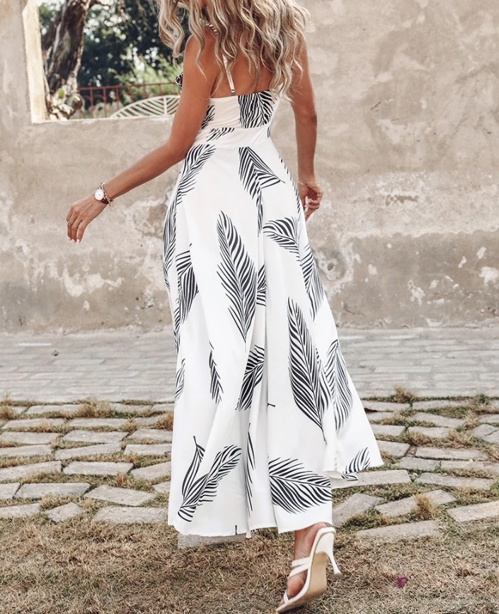 Sweet and Fresh Style for Women's A Line Skirt 2024 Spring Summer Casual Leaf Print Knotted Front Cutout Button Maxi Dress