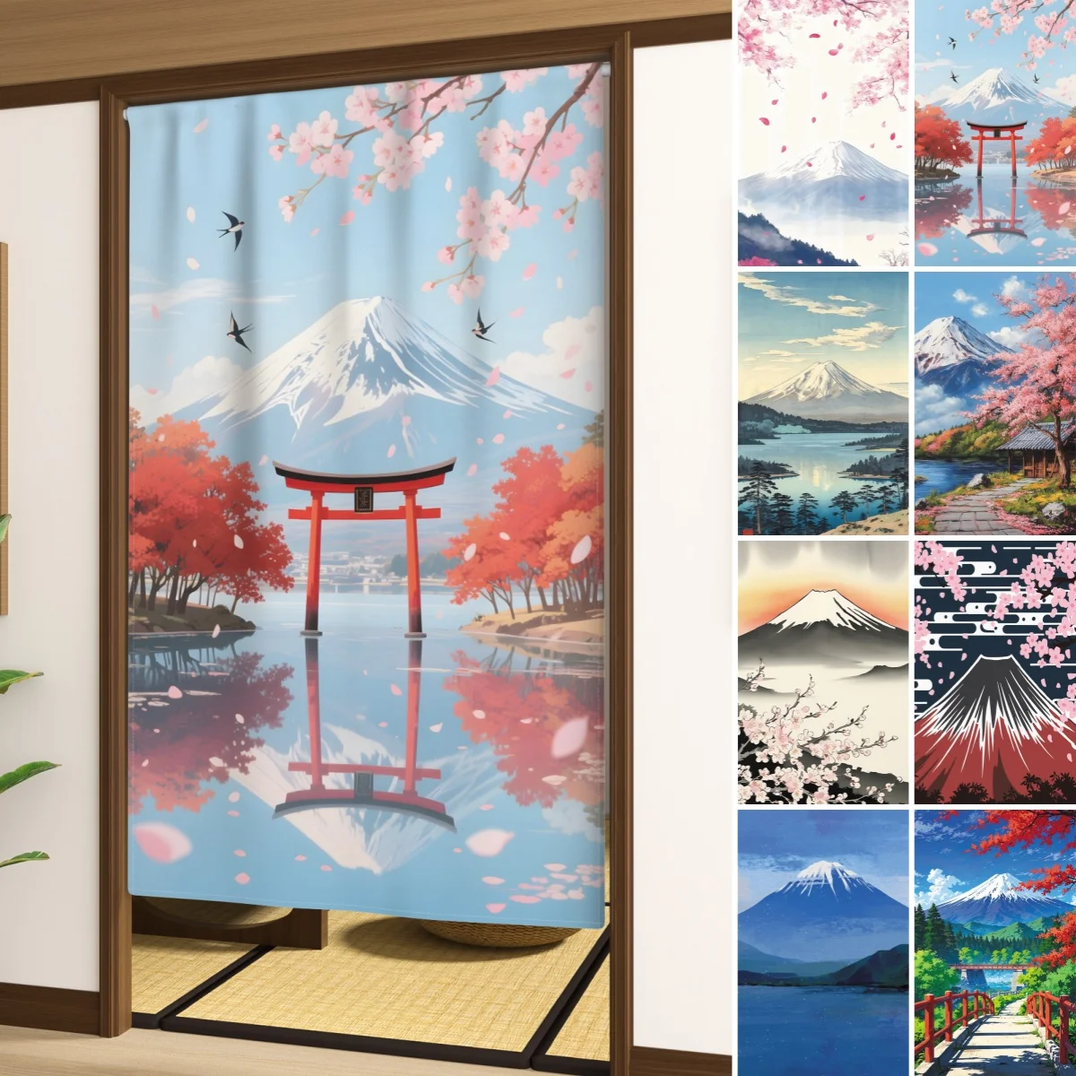 Mount Fuji Cherry Blossom Japanese Doorway Curtain Bedroom Room Partition Kitchen Entrance Hanging Single Piece Door Curtain